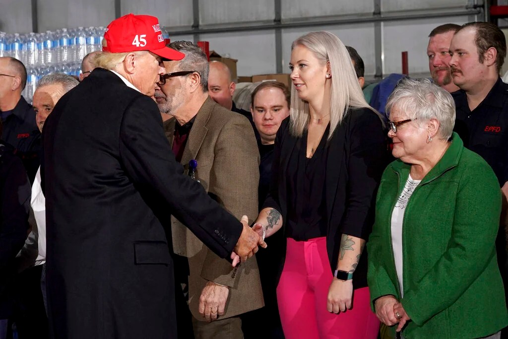 Trump greets residents after speaking at the East Palestine Fire Department as he visits the area in the aftermath of the Norfolk Southern train derailment Feb. 3 in East Palestine, Ohio, Wednesday, Feb. 22, 2023.