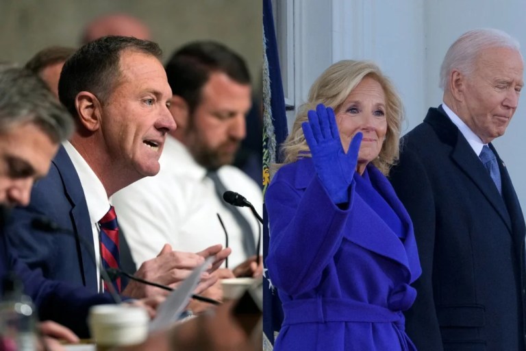 Sen. Eric Schmitt (R-MO), left, and former first lady Jill Biden and former President Joe Biden, right.