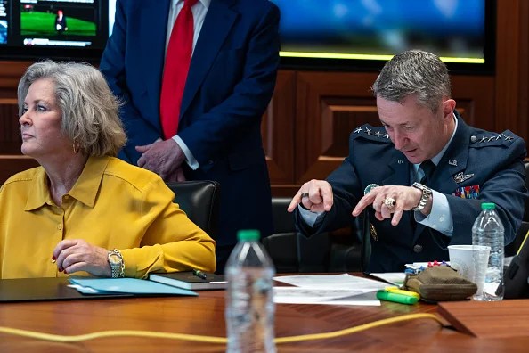 White House Chief of Staff Susie Wiles, and Chairman of the Joint Chiefs of Staff Dan Caine sit in the Situation Room as they monitor the mission that took out three Iranian nuclear enrichment sites, at the White House on June 21, 2025 in Washington, DC. According to the Pentagon three of Iran’s nuclear sites sustained “severe damage” from the U.S. strikes.