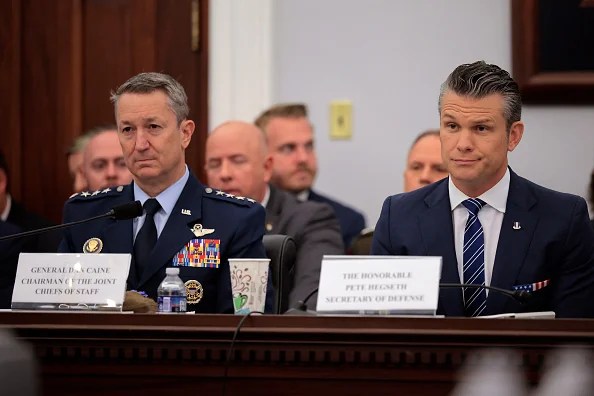 U.S. Defense Secretary Pete Hegseth (R) and Chairman of the Joint Chiefs of Staff Air Force Gen. Dan Caine testify before the House Appropriations Committee's Defense Subcommittee at the U.S. Capitol on June 10, 2025 in Washington, DC. Tuesday was the first time Hegseth testified before Congress since his confirmation hearings in January and 