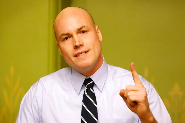 Former Iowa Democratic Congressional candidate J.D. Scholten speaks during a news conference, Wednesday, Jan. 23, 2019, at the Statehouse in Des Moines, Iowa. Scholten, a former minor league baseball player who narrowly lost his bid to defeat U.S. Rep. Steve King in Iowa’s 4th Congressional District says he’s keeping his options open for a political future but for now is working to create an Iowa nonprofit organization to help fight poverty.