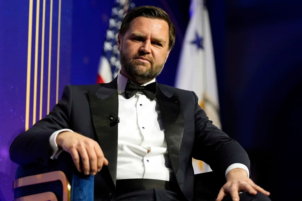 Vice President JD Vance listens as he speaks with American Compass founder Oren Cass at the American Compass's The New World Gala in Washington, Tuesday, June 3, 2025.