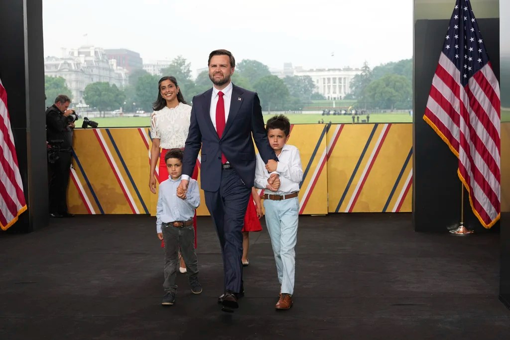 Vice President JD Vance, center, his wife Usha Vance, back left, and their children arrive for a parade to honor the Army's 250th anniversary, coinciding with President Donald Trump's 79th birthday, Saturday, June 14, 2025, in Washington.