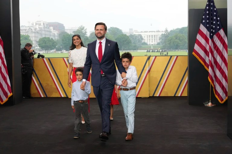 Vice President JD Vance, center, his wife Usha Vance, back left, and their children arrive for a parade to honor the Army's 250th anniversary, coinciding with President Donald Trump's 79th birthday, Saturday, June 14, 2025, in Washington.
