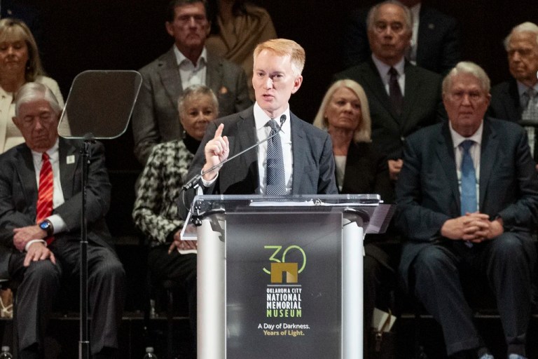 U.S. Senator James Lankford gives remarks on behalf of the Nation during the 30th anniversary memorial service for the victims of the 1995 Oklahoma City bombing, in Oklahoma City, Saturday, April 19, 2025.