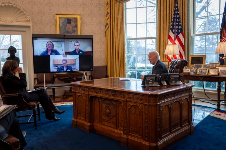 President Joe Biden participates in a virtual meeting shortly before leaving office.