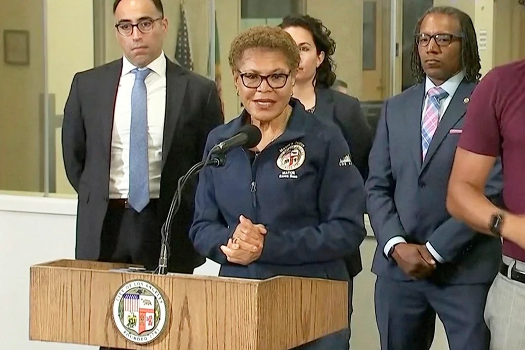 In this image taken from video, Los Angeles Mayor Karen Bass gives a news conference following days of unrest, Tuesday, June 10, 2025, in Los Angeles.