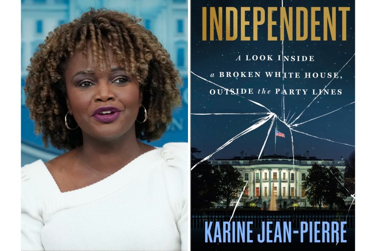 This combination of photos shows former White House press secretary Karine Jean-Pierre during the daily briefing at the White House in Washington, on Nov. 13, 2024, left, and the cover of her book 