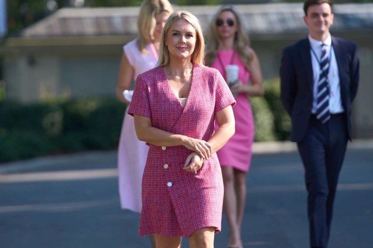 White House press secretary Karoline Leavitt walks over to speak with reporters at the White House, Monday, June 23, 2025, in Washington.