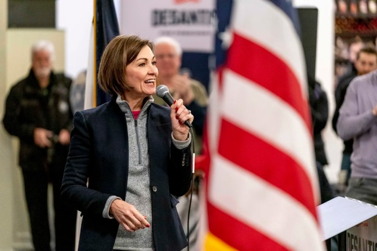 Gov. Kim Reynolds (R-IA) introduces Gov. Ron DeSantis (R-FL) to speak at a Northside Conservatives Club Meeting at The District in Ankeny, Iowa, Friday, Jan. 12, 2024.