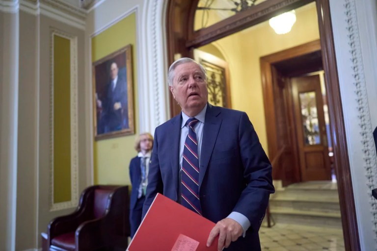 Senate Budget Committee Chairman Lindsey Graham, R-S.C., looks out from the chamber as Republican senators meet to find a way to help President Donald Trump cancel $9.4 billion in spending already approved by Congress, at the Capitol in Washington, Wednesday, June 11, 2025.