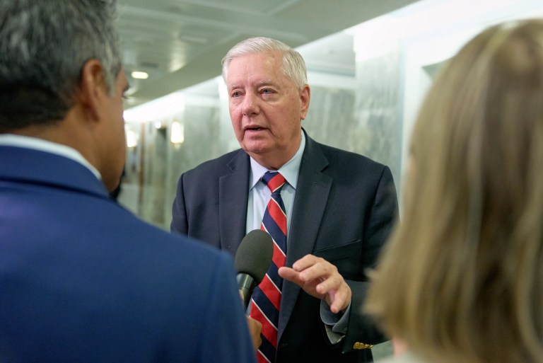 Sen. Lindsey Graham (R-SC) speaks to reporters after a Senate Committee on Appropriations subcommittee on the Department of Defense hearing on budget estimates for the Navy, Tuesday, June 24, 2025, on Capitol Hill in Washington.
