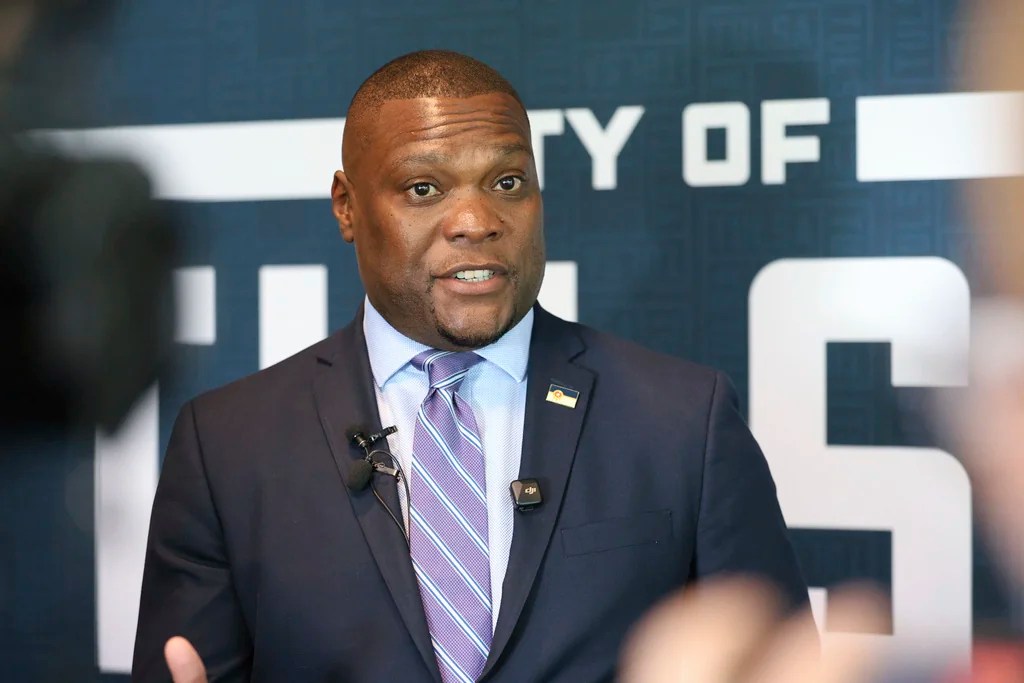 Tulsa Mayor Monroe Nichols IV speaks during the Legacy event for the Tulsa Race Massacre on Sunday, June 1, 2025, at Greenwood Cultural Center in Tulsa, Okla.