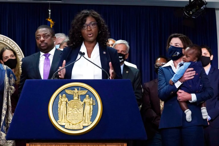 New York state Assembly member Phara Souffrant Forrest speaks in New York, Friday, Sept. 17, 2021.