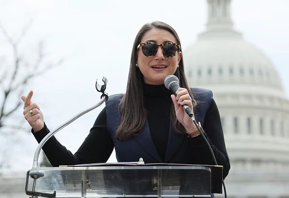 U.S. Rep Sara Jacobs speaks at the rally to Say NO to Tax Breaks for Billionaires & Corporations at US Capitol on April 10, 2025 in Washington, DC.