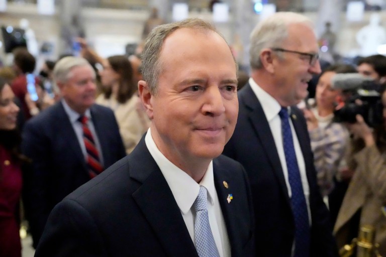 Sen. Adam Schiff (D-CA) arrives before President Donald Trump addresses a joint session of Congress at the Capitol in Washington, Tuesday, March 4, 2025.