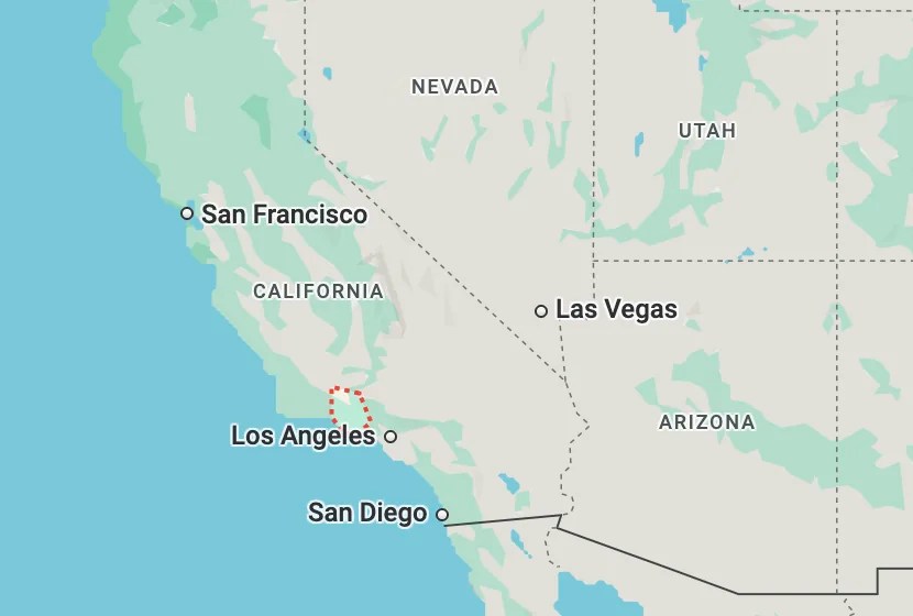 Ventura County, California, pictured inside the red dots (Screenshot: Google Maps)