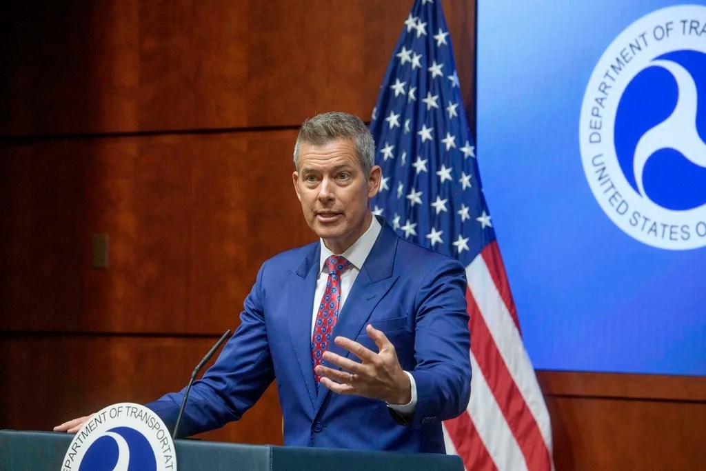 Secretary of Transportation Sean Duffy speaks during a news conference to provide a status update on Newark Liberty International Airport at the Department of Transportation in Washington, Wednesday, May 28, 2025.