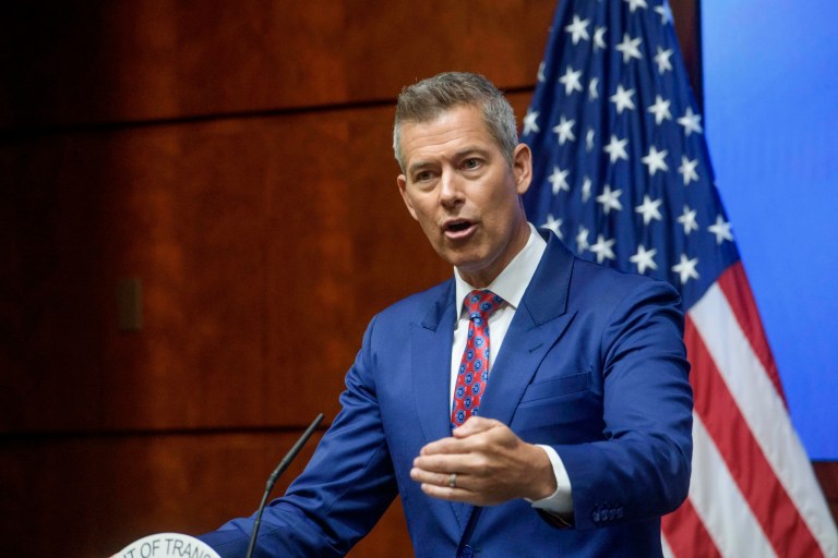 Secretary of Transportation Sean Duffy speaks during a news conference to provide a status update on Newark Liberty International Airport at the Department of Transportation in Washington, Wednesday, May 28, 2025.