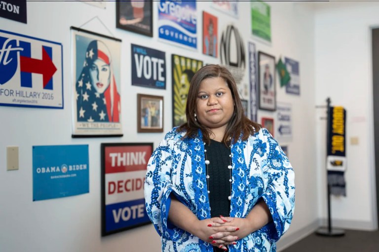 Washington State Democratic Party Chairwoman Shasti Conrad poses for pictures at the party's headquarters.
