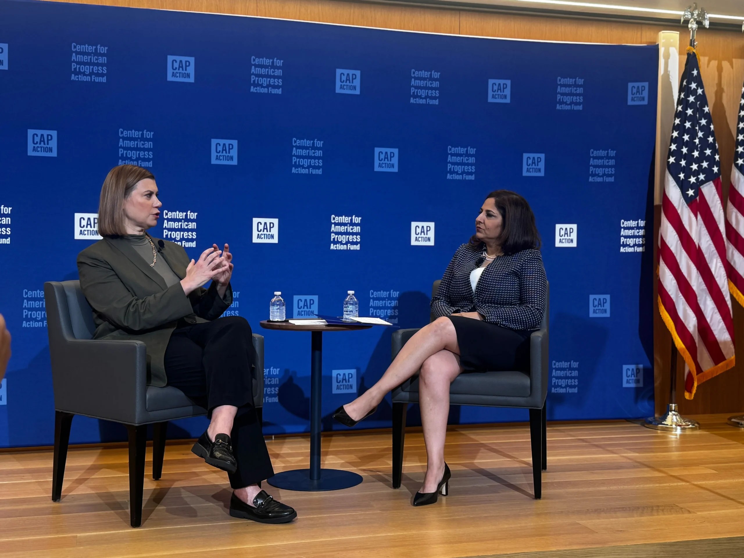 Sen. Elissa Slotkin (D-MI) speaks with Neera Tanden at the Center for American Progress on June 26, 2025. (Ally Goelz/Washington Examiner)