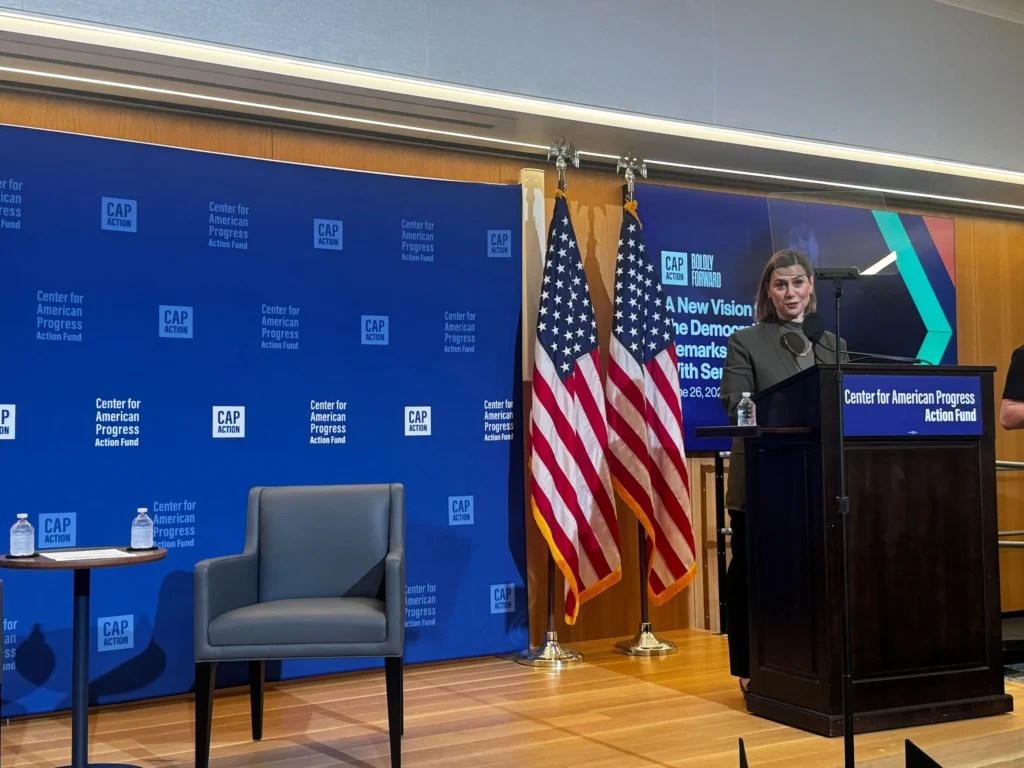 Sen. Elissa Slotkin (D-MI) speaks at the Center for American Progress on June 26, 2025. (Ally Goelz/Washington Examiner)