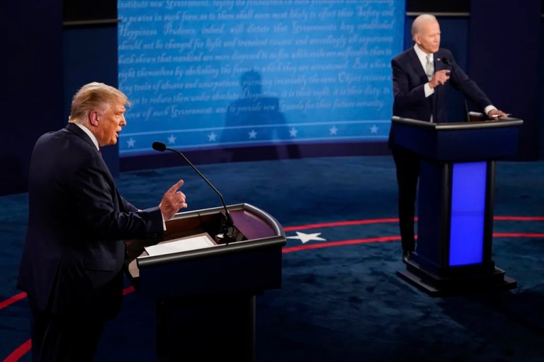 President Donald Trump and former President Joe Biden debate during the first presidential debate Sept. 29, 2020, at Case Western University and Cleveland Clinic, in Cleveland.