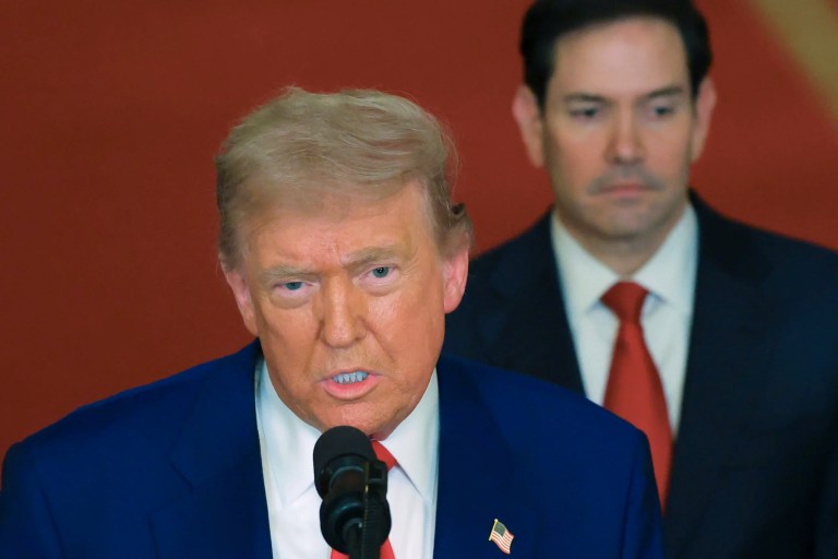 President Donald Trump speaks from the East Room of the White House in Washington, Saturday, June 21, 2025, after the U.S. military struck three Iranian nuclear and military sites, directly joining Israel's effort to decapitate the country's nuclear program, as Secretary of State Marco Rubio listens. (Carlos Barria/Pool via AP)
