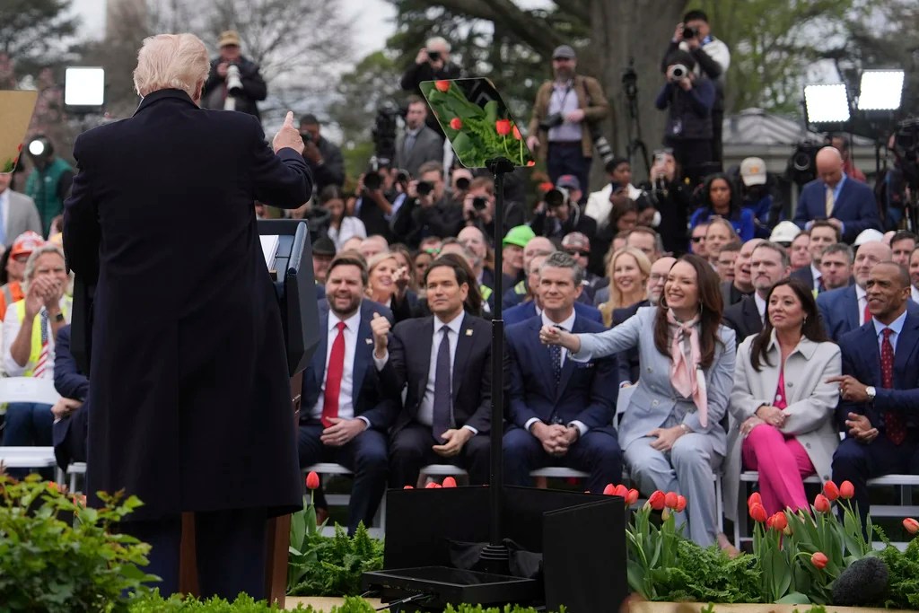President Donald Trump speaks during an event to announce new tariffs in the Rose Garden of the White House, Wednesday, April 2, 2025, in Washington, as Vice President JD Vance, Secretary of State Marco Rubio, Defense Secretary Pete Hegseth, Agriculture Secretary Brooke Rollins, Labor Secretary Lori Chavez-DeRemer and Housing and Urban Development Secretary Scott Turner listen. (AP Photo/Evan Vucci)