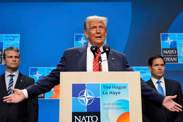 President Donald Trump speaks during a media conference at the end of the North Atlantic Treaty Organization summit as Secretary of State Marco Rubio, right, and Defense Secretary Pete Hegseth listen, in The Hague, Netherlands, Wednesday, June 25, 2025.