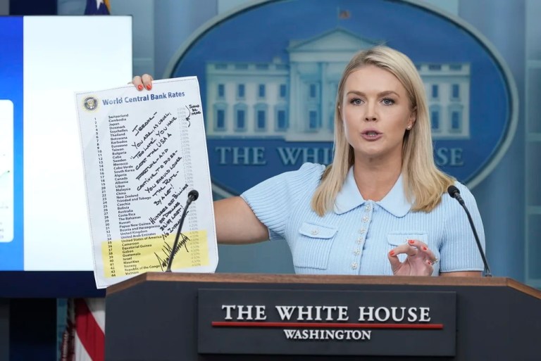 White House press secretary Karoline Leavitt shares a note written from President Donald Trump to Federal Reserve Chairman Jerome Powell.