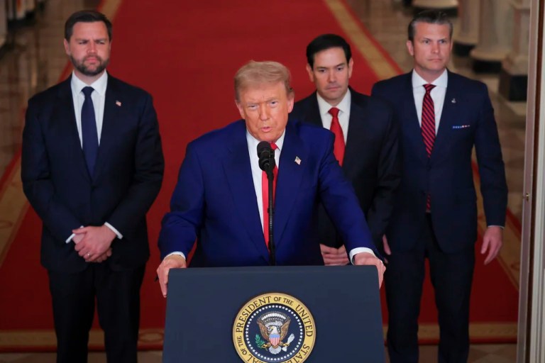 President Donald Trump speaks from the East Room of the White House in Washington, Saturday, June 21, 2025, after the U.S. military struck three Iranian nuclear and military sites, directly joining Israel's effort to decapitate the country's nuclear program, as Vice President JD Vance, Secretary of State Marco Rubio and Defense Secretary Pete Hegseth listen. (Carlos Barria/Pool via AP)