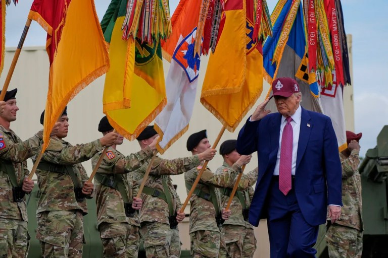 President Donald Trump arrives to speak at Fort Bragg, Tuesday, June 10, 2025, in Fort Bragg, N.C. (AP Photo/Alex Brandon)