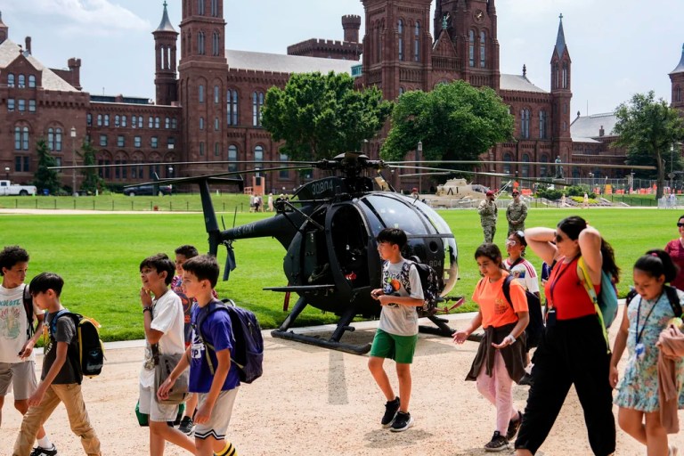 President Donald Trump, left, departs with U.S. Military Academy Superintendent Lt. Gen. Steven W. Gilland after speaking to United States Military Academy graduating cadets during commencement ceremonies in West Point, N.Y., Saturday, May 24, 2025.
