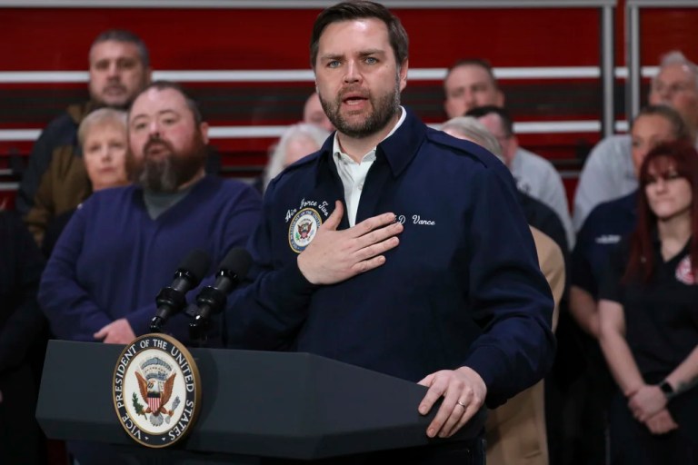 Vice President JD Vance speaks during a visit to East Palestine, Ohio, Monday, Feb. 3, 2025.