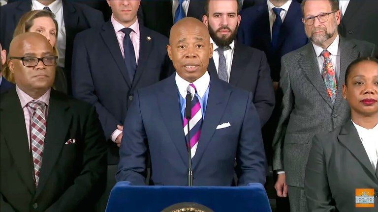 This photo provided by the NYC Office of the Mayor shows New York City mayor Eric Adams speaking during a news conference, Monday, Nov. 21, 2022 in New York. Two men who were arrested at New York's Penn Station after authorities spotted social media posts about attacking a synagogue represented a real danger to the city's Jewish community, Mayor Adams said.