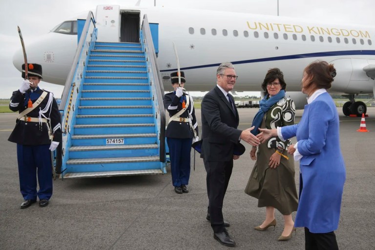 Britain's Prime Minister Keir Starmer arrives at Amsterdam Schiphol Airport ahead of the NATO summit, taking place in The Hague, Netherlands, Tuesday, June 24, 2025. (Kin Cheung, Pool)