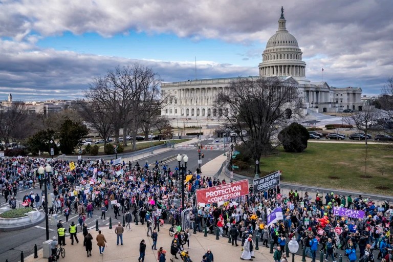 FILE - Anti-abortion activists gather on Capitol Hill during the first March for Life since the Supreme Court overturned the Roe vs. Wade decision that created a legal right to an abortion in the United States, in Washington, Friday, Jan. 20, 2023. (AP Photo/J. Scott Applewhite, File)