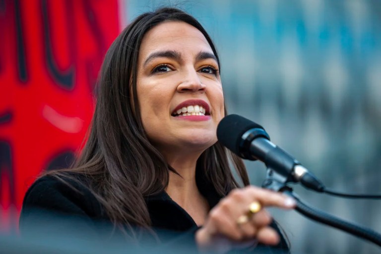 Rep. Alexandria Ocasio-Cortez (D-N.Y.) speaks at the NYCLU's May Day rally for worker's and immigrants rights at Foley Square, Thursday, May 1, 2025, in New York.