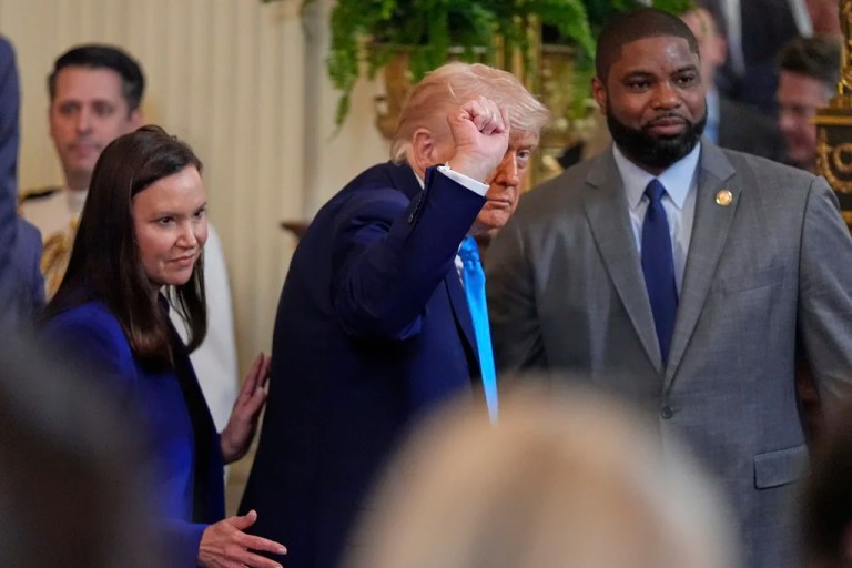 President Donald Trump departs with Sen. Ashley Moody, R-Fla., and Rep. Byron Donalds, R-Fla., after hosting the 2025 NCAA Champion, University of Florida men's basketball team in the East Room of the White House, Wednesday, May 21, 2025, in Washington. (AP Photo/Julia Demaree Nikhinson)