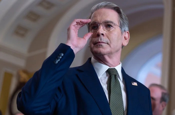 Treasury Secretary Scott Bessent talks to reporters about his lunch meeting with Republican senators and the schedule for getting the Republican megabill to President Donald Trump's des