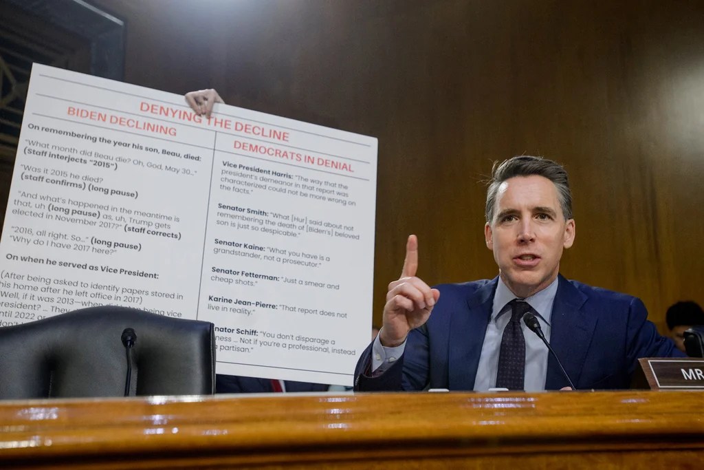 Sen. Josh Hawley, R-Mo., questions the witnesses during a Senate Committee on the Judiciary hearing oon Capitol Hill, Wednesday, June 18, 2025, in Washington. (AP Photo/Rod Lamkey, Jr.)