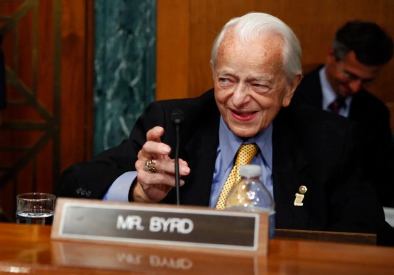 Sen. Robert Byrd, D-W.Va., readies his microphone as he arrives to question panel members on Capitol Hill in Washington, Thursday, May 20, 2010, during the Senate Health and Human Services subcommittee hearing on mine safety. (AP Photo/Carolyn Kaster)