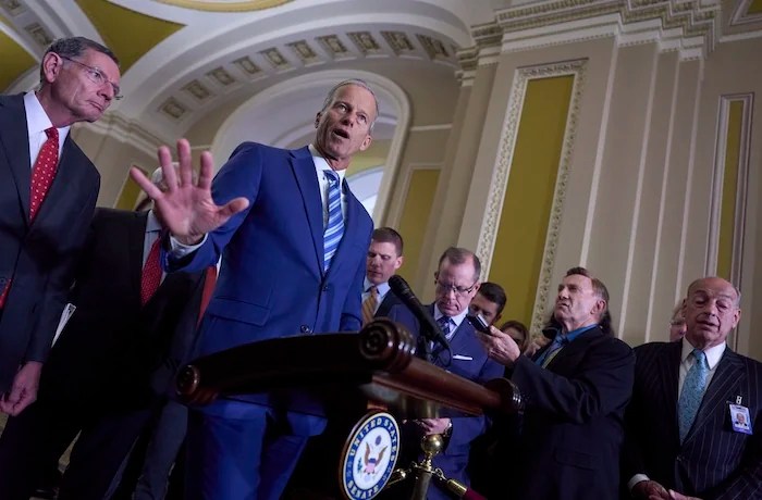 Senate Majority Leader John Thune, R-S.D., joined at left by Sen. John Barrasso, R-Wyo., the GOP whip, meets with reporters at the Capitol in Washington, Tuesday, June 10, 2025.