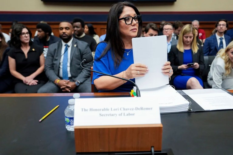 Secretary of Labor Lori Chavez-DeRemer arrives before a House Education and Workforce hearing,