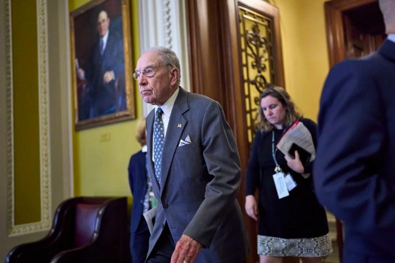 Senate Judiciary Committee Chairman Chuck Grassley (R- IA) leaves the chamber as Republican senators meet to find a way to help President Donald Trump cancel $9.4 billion in spending already approved by Congress, at the Capitol in Washington, Wednesday, June 11, 2025.