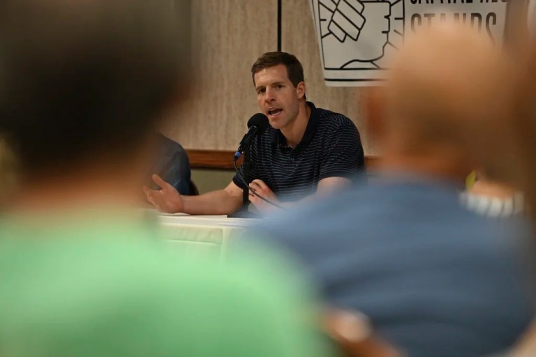 Conor Lamb speaks to the crowd at a town hall-style event organized by progressive groups at Central Penn College, Sunday, June 22, 2025, in Enola, Pa.