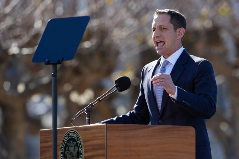 San Francisco Mayor Daniel Lurie delivers his inaugural address outside City Hall, Wednesday, Jan. 8, 2025.