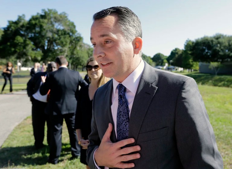 In this Oct. 20, 2015 photo, then-U.S. Rep. David Jolly speaks to media after showing up at a news conference for former Florida Gov. Charlie Crist in St. Petersburg, Fla.