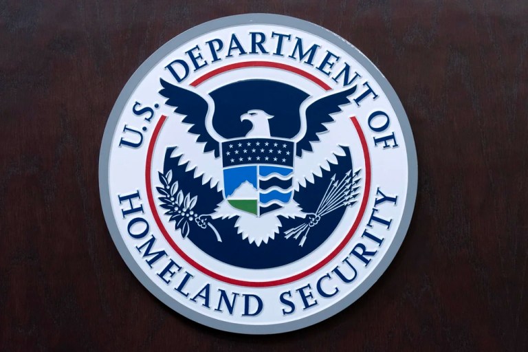 The seal of U.S. Department of Homeland Security is seen before the news conference with acting director of U.S. Immigration and Customs Enforcement Todd Lyons at ICE Headquarters, in Washington, Wednesday, May 21, 2025.